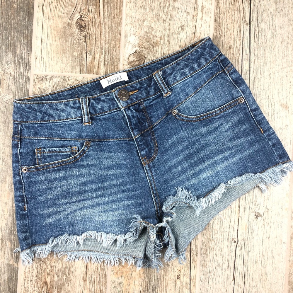 Mudd 9 Shorts Denim Blue Frayed Hem Whiskered A
